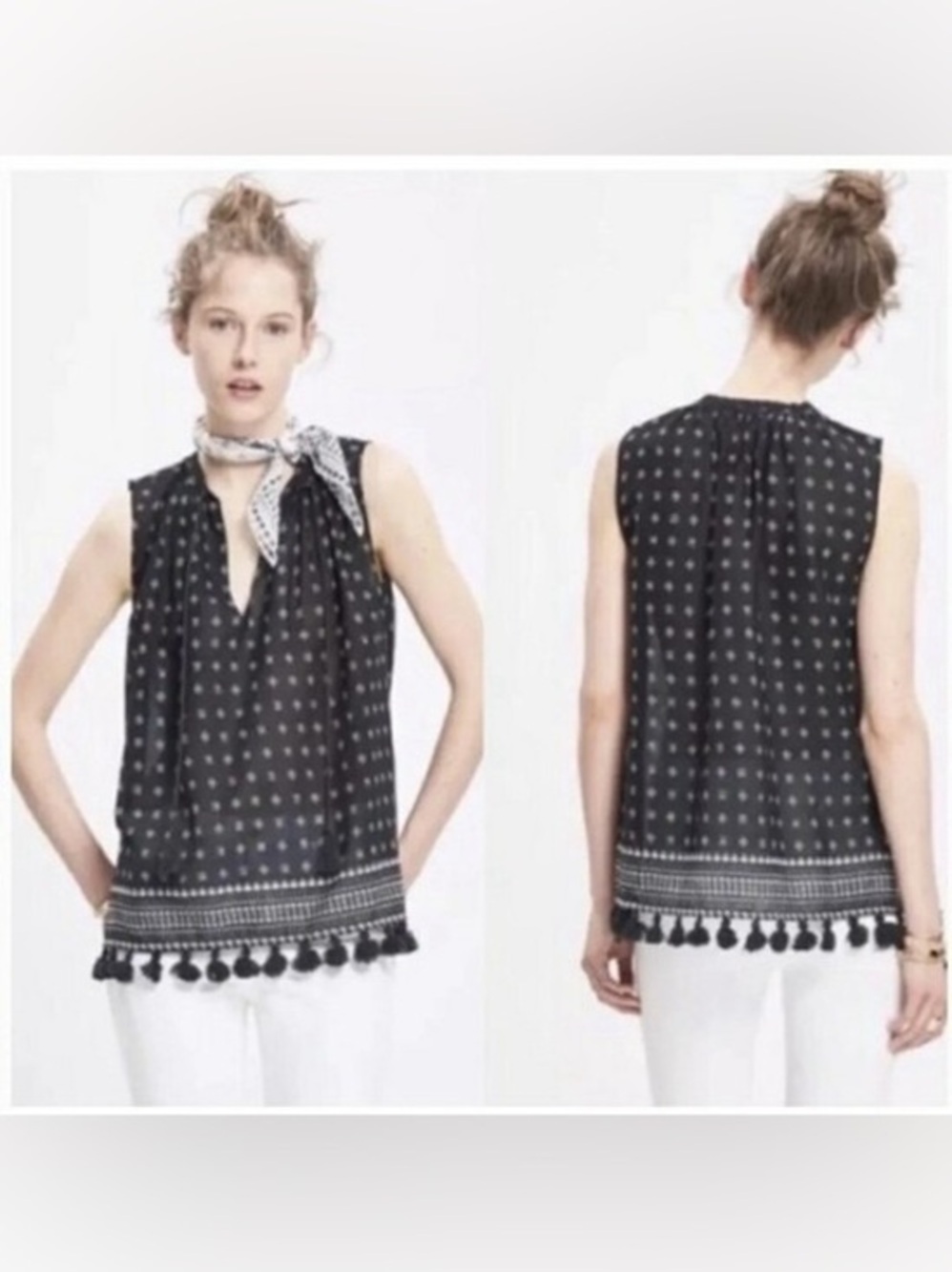 Madewell Black and White Polka Dot Tassel-Hem Tie-Neck Sleeveless Top